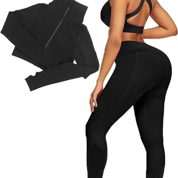 Women 3 PC Yoga Set Zipper Top Sport Suit Bra Workout Clothes Gym Fitness - Picture 4 of 9